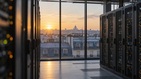 Warm dawn light falls across zinc Parisian rooftops outside a tall data hall window, with server racks in the foreground