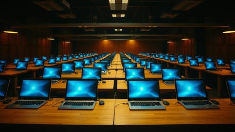 Long rows of identical open laptops on wooden tables in a dim hall, their screens glowing blue under warm overhead lamps