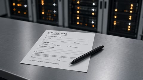 An empty government-style paper form and a black pen rest on a steel desk under cool fluorescent light, with blurred server racks in the background